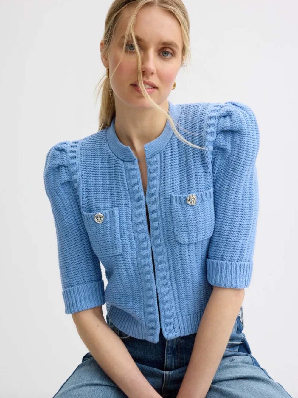 L’Agence Delilah Puff-Sleeve Knit Cardigan Sweater large